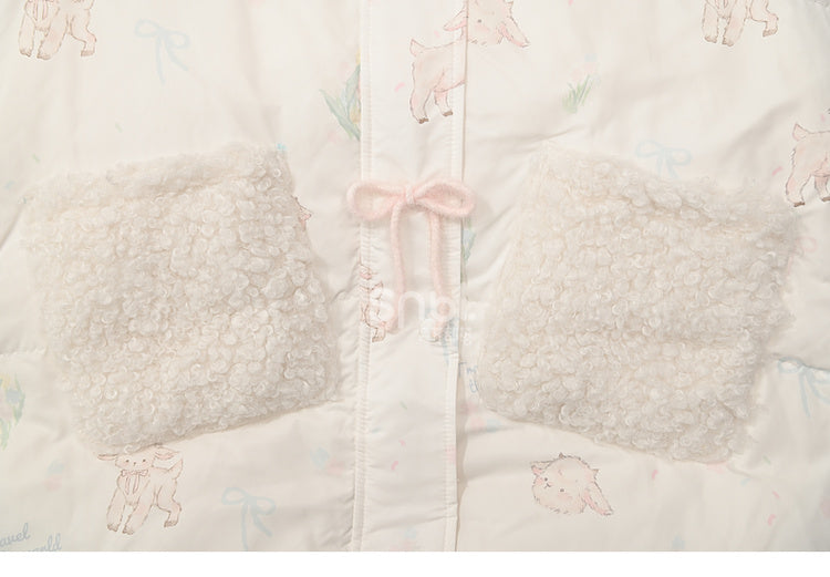 Cute Lamb Print White Hooded Down Jacket Short/Long Version
