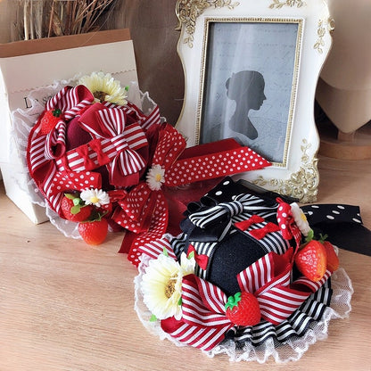 RedWhite/Black/Red Decorated Hat And Details Floral Lace Strawberry Mini Trim Bowknot