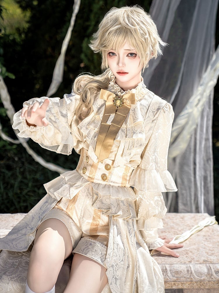 Champagne Ouji Lolita Prince Outfit Ruffle Neckline Long Sleeves Shirt Set