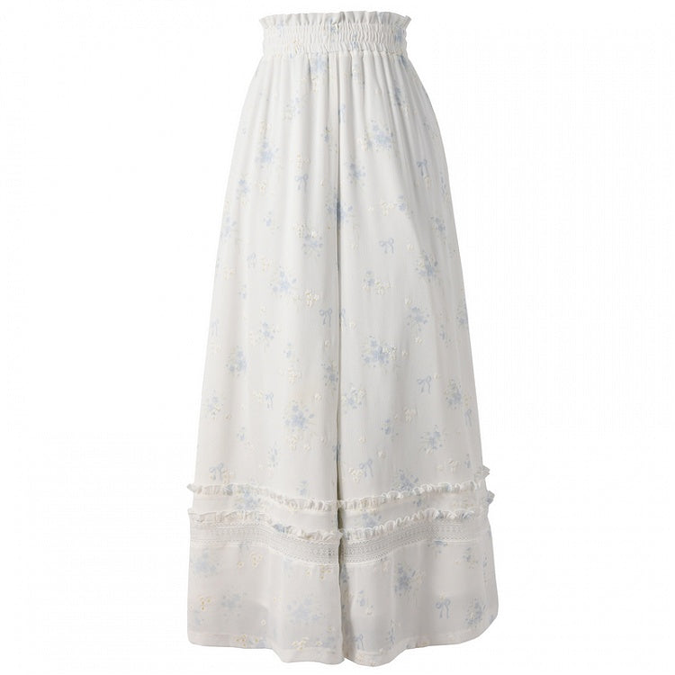 Blue Floral Pattern Version White Chiffon Waist Wide-Leg Pants Elastic Regular/Short