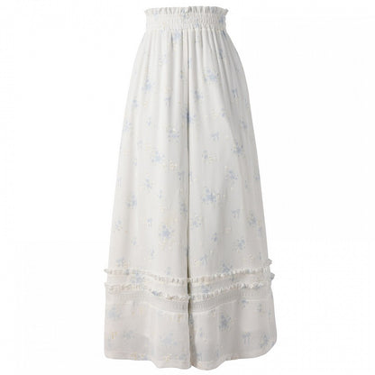 Blue Floral Pattern Version White Chiffon Waist Wide-Leg Pants Elastic Regular/Short