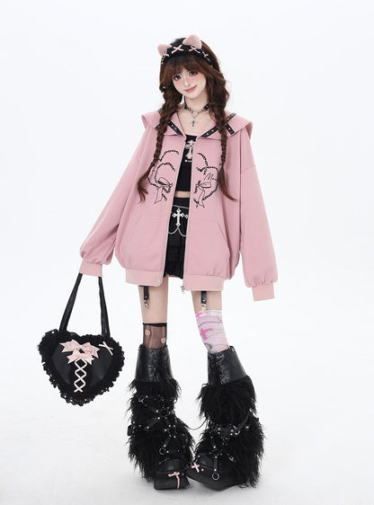 Pink/Gray Sailor Collar Zipper Closure Printed Jacket