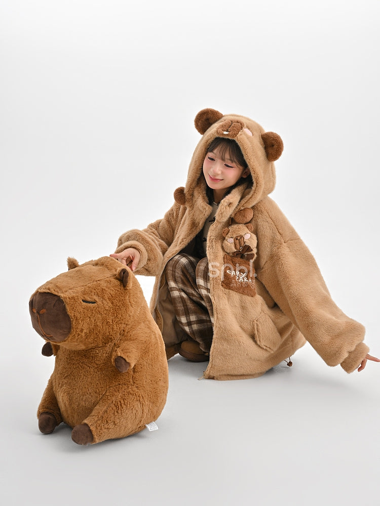 Cute Capybara Adorned Brown Plush Zip Hoodie