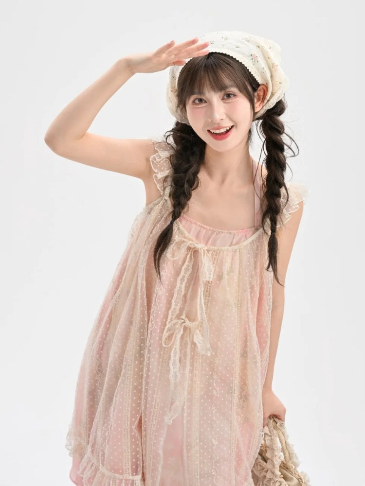 Sleeves Neck Tiered Slip Skirt Polka-dot Dress+Flutter Overdress Yume Kawaii Pink Set-	Halter Two-pieces