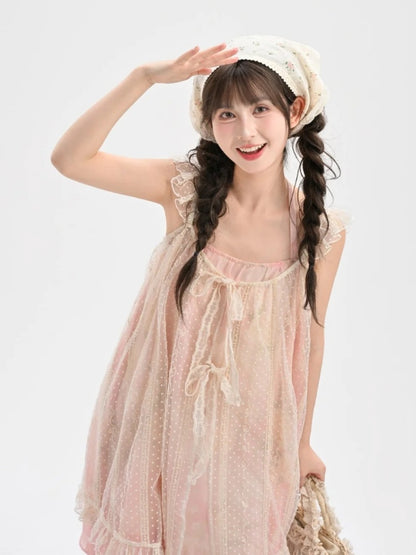 Sleeves Neck Tiered Slip Skirt Polka-dot Dress+Flutter Overdress Yume Kawaii Pink Set-	Halter Two-pieces