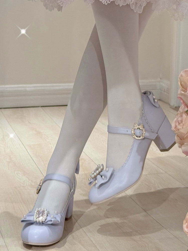 Janes Bowknot Lolita Details Perlen verziert Mary Strass Zehen rund und Schuhe lila