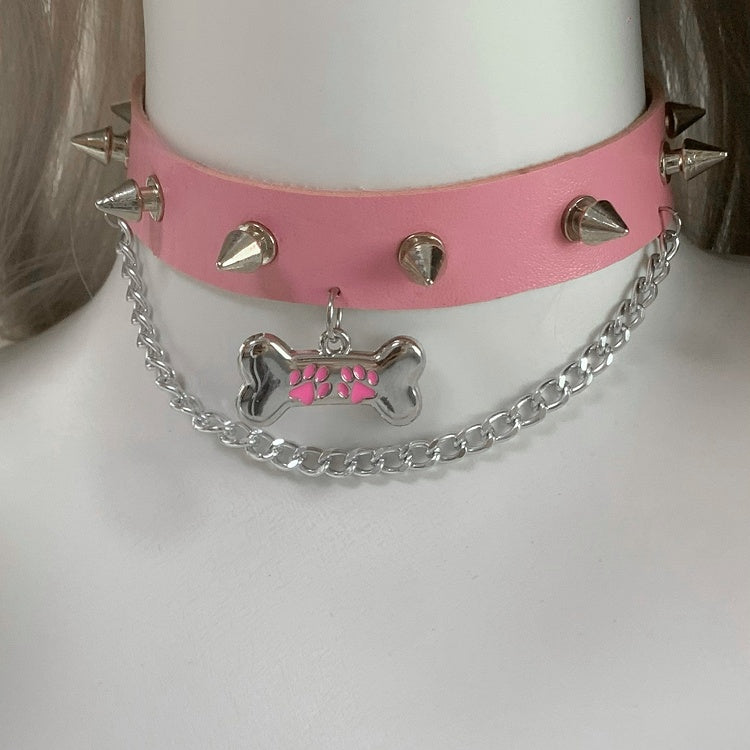Black Bone Pendant Studded Choker with Chain