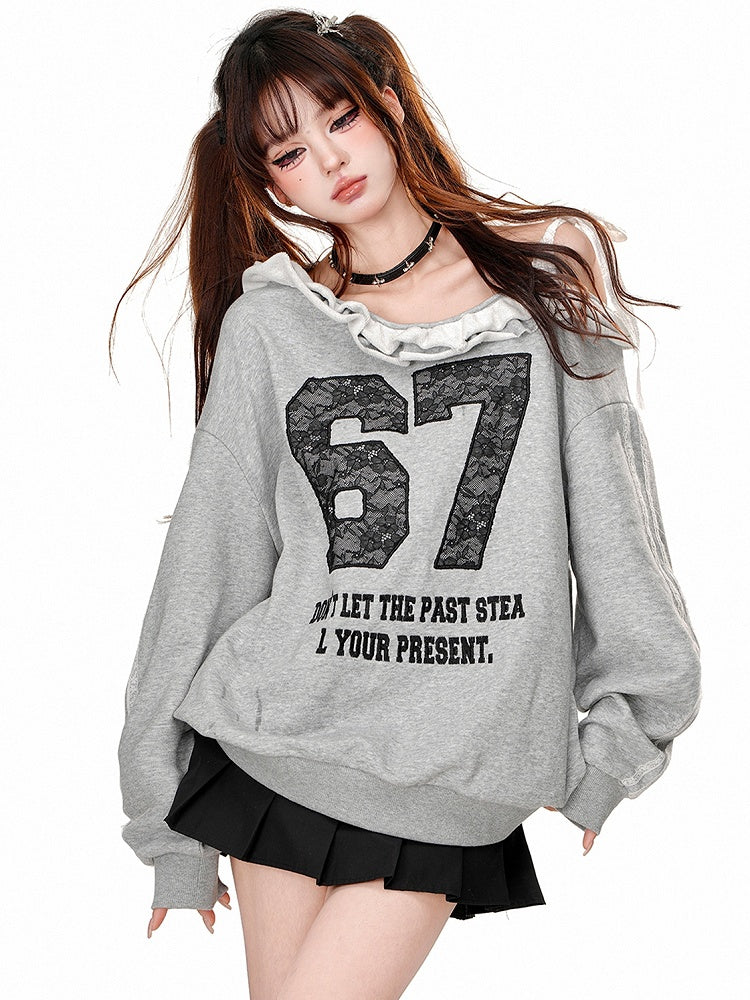Black/Grey Lace Appliques Asymmetrical Neckline Sweatshirt