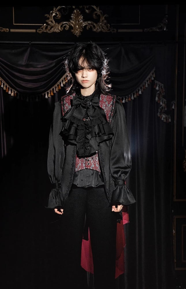 Black and Red Prince Outfit Ouji Lolita Full Set - Black Long Sleeves Shirt + Waistcoat + Black Pants