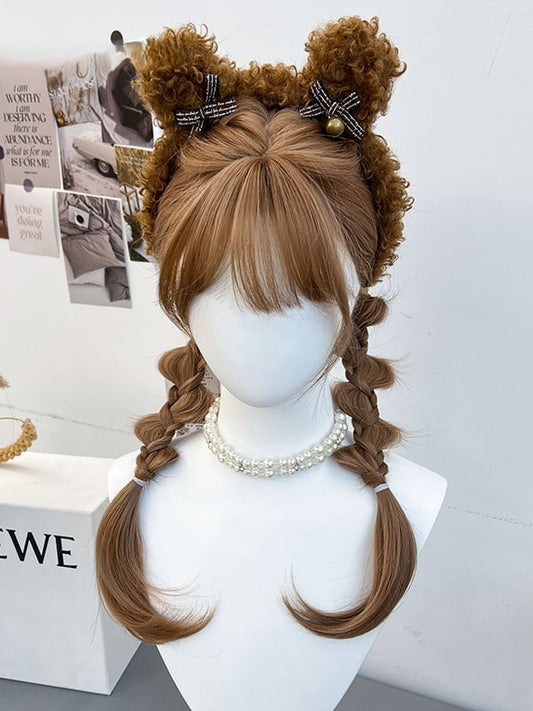 Brown Wig Braided Full Double Synthetic Ponytails Bangs With and