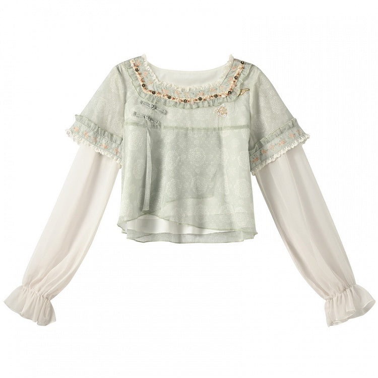 Green Jacquard Cheongsam Knot Buttons Chiffon Top Embroidery Style Floral Neckline
