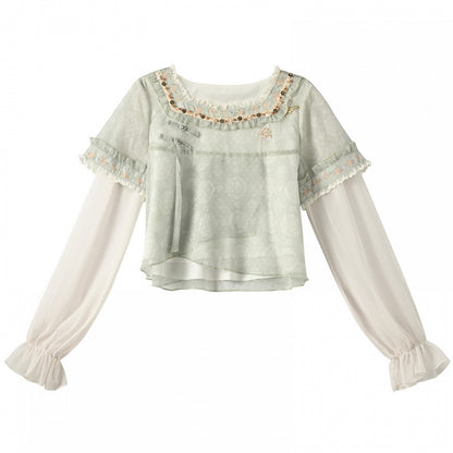 Green Jacquard Cheongsam Knot Buttons Chiffon Top Embroidery Style Floral Neckline
