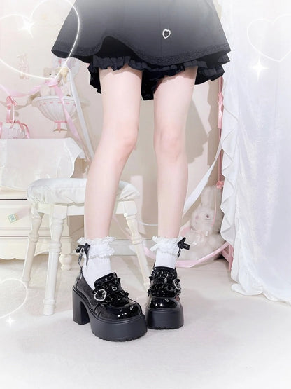 Platform Kei Black Polished Detail Heel Jirai with Sweetheart Loafers 9.5cm Beaded