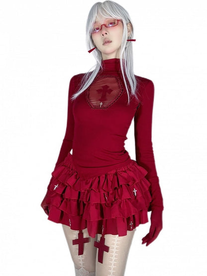 Gothic Red Coffin Cutout Cross Detail Modal High Neck Top Asymmetrical Hem