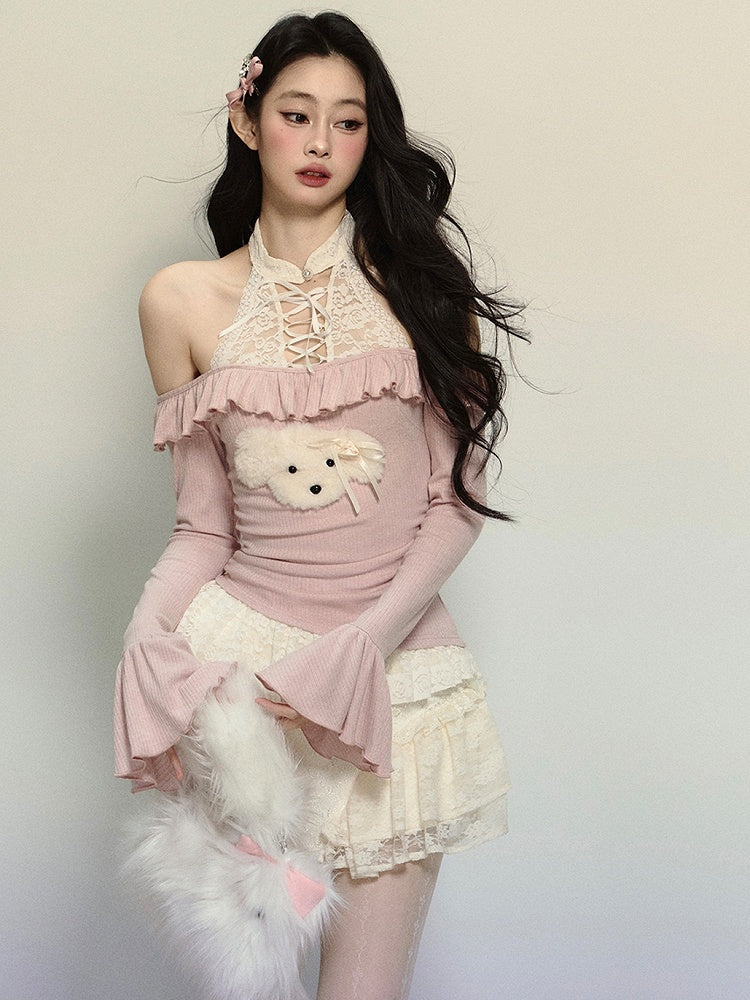 Pink Cute Puppy Adorned Lace Halter Neck Knit Top