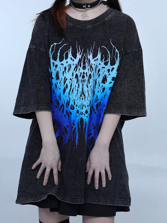 Schwarzer Hals, verblasste Waschung, Jirai, rundes T-Shirt, Design Kei