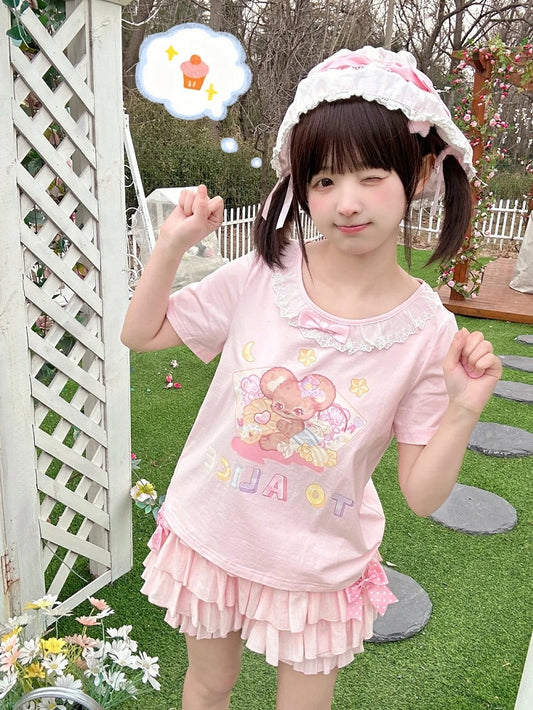 Short Version Adorable Mouse Print White/Pink Lace Trim T-Shirt