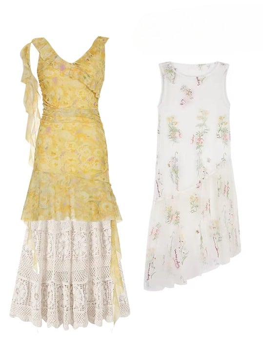 Floral Dress White Asymmetrical Yellow Beige Holiday Set- Sheer Embroidery + Skirt Hem
