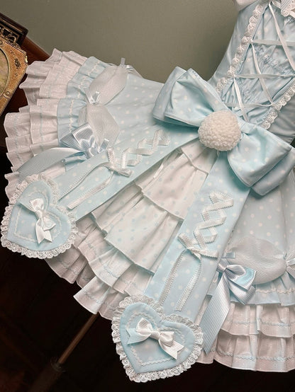 Gepunktetes blaues Lolita-Kleid mit altem Neckholder und Schulärmeln, vielseitiges Polka-Kleid mit Puffärmeln