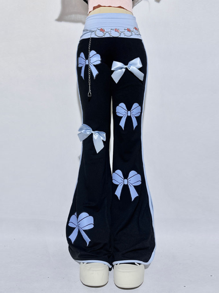 Pantalon évasé à taille haute noir avec nœuds bleus