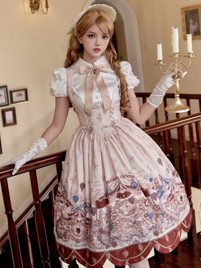 Under Bust Boned Waist Circus Animals Print Lolita Jumper Skirt Long Version