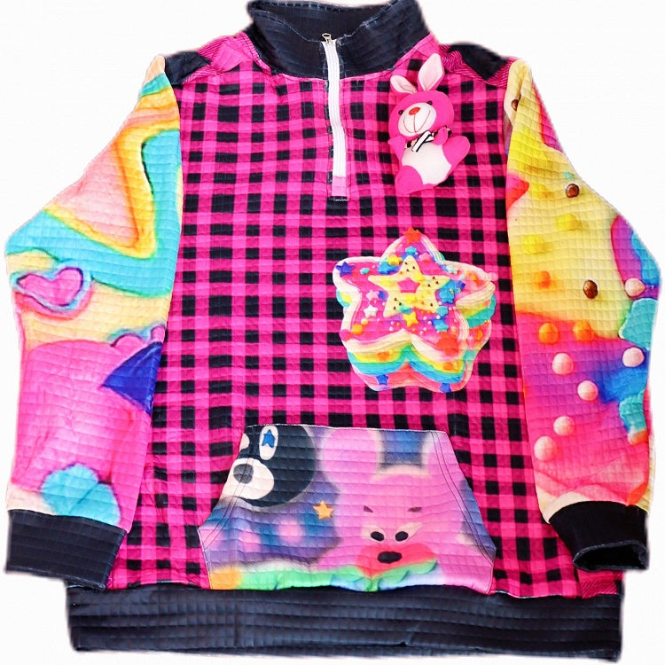 Star Plaid Print Sweatshirt Y2K Black Pattern