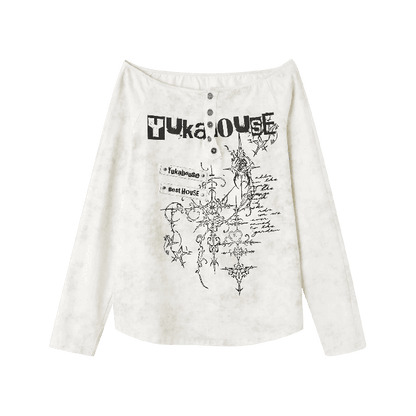 Apricot Off-the-shoulder Graphic Neckline Cotton Top Distressed