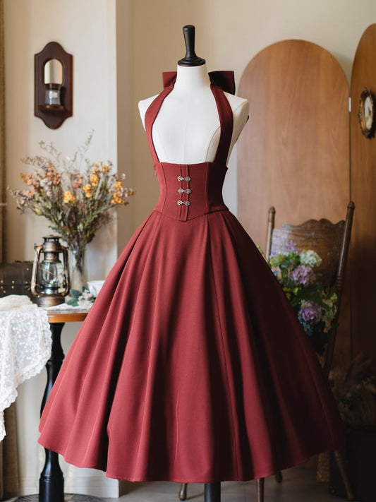 Red Long Version Autumn Vintage Detachable Halter Strap Boned High Waist Skirt