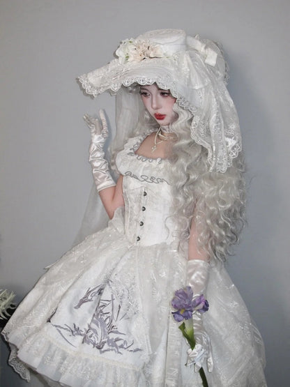 Robe jupe haute-basse blanche brodée d'os de dragon Shiro avec superposition de broderie cathédrale