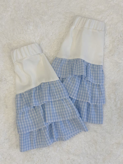 White Blue Plaid Tiered Leg Sleeves