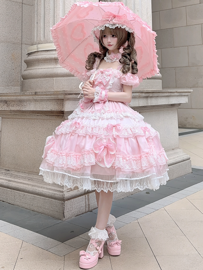 Sweet Lolita Princess Bead Dress Bow and at Back with Pink Big Accents Details