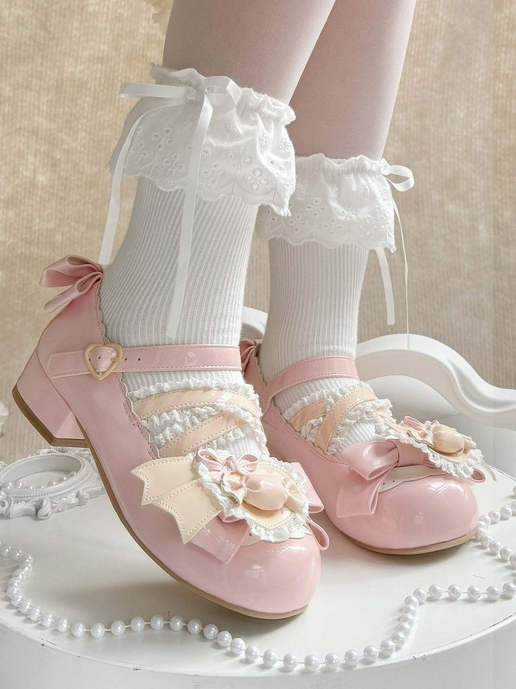 Schleifen Akzente Pink Jane PU Licht Mary Süße Schuhe mit