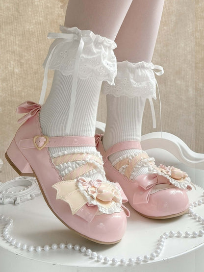 Schleifen Akzente Pink Jane PU Licht Mary Süße Schuhe mit
