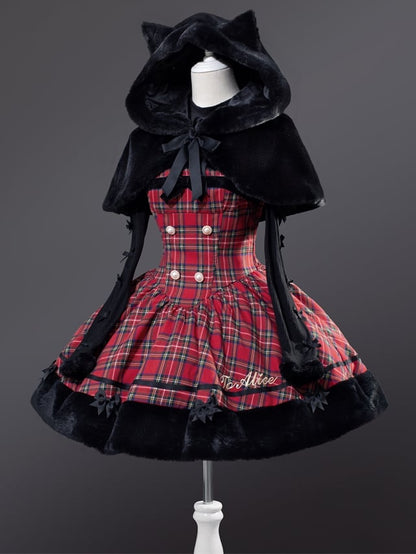 Robe à carreaux avec ourlet en peluche et oreilles de chat rouges de Noël, jupe pull Lolita
