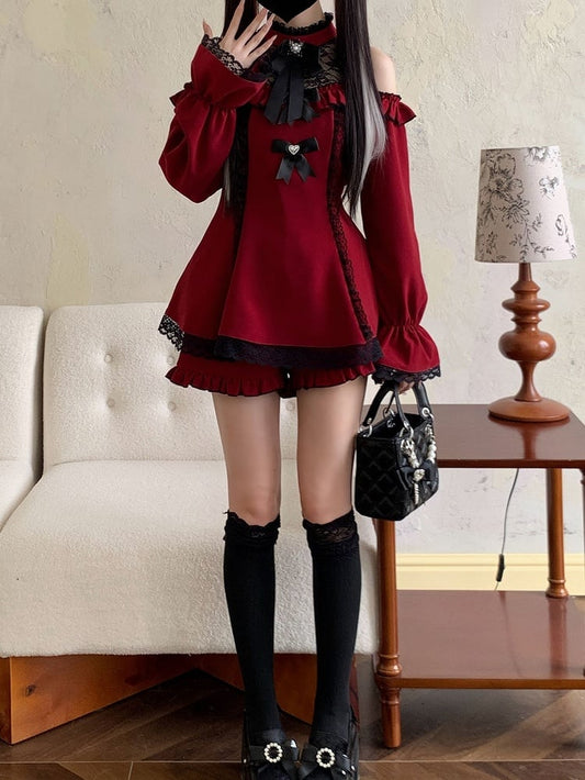 Hem Jirai Kei Black Set Shorts with Mini Neckline Cutout Shoulder Illusion Skirt Dress Red Ruffled