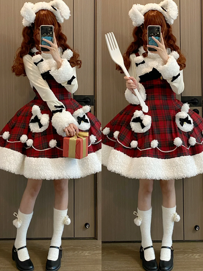 Red Plaid Pattern Winter Bunny Theme Christmas Lolita Dress Plush Neckline and Hemline