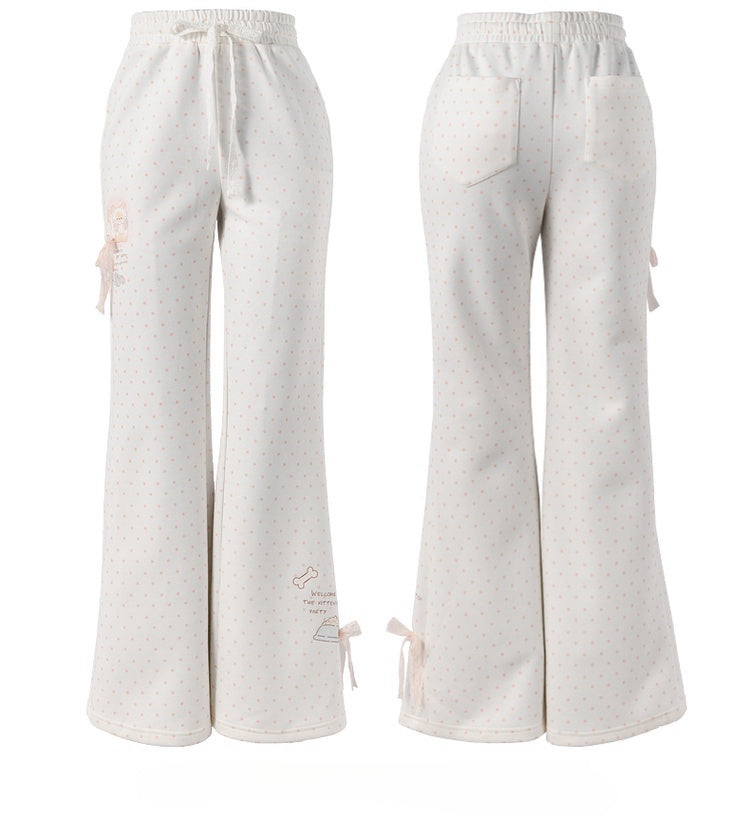 Flared Pants Polka-Dot Lace Bow Adorable Kitten Print Version Regular/Long Pink White
