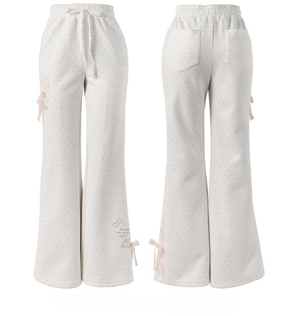 Flared Pants Polka-Dot Lace Bow Adorable Kitten Print Version Regular/Long Pink White