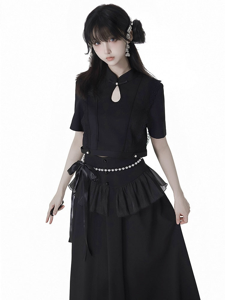 Short Sleeves Top Black Cheongsam Collar Bead Details