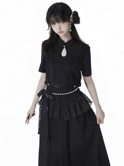 Black Cheongsam Collar Bead Details Short Sleeves Top