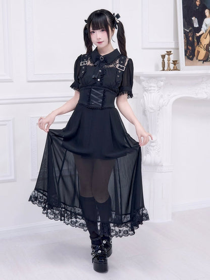 Illusion Black Neckline Dress Free Corset Jirai Buckle with Belt Adorned Kei Long