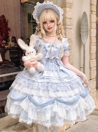 Light Blue Bowknot Details Lace Trim Lolita Bonnet
