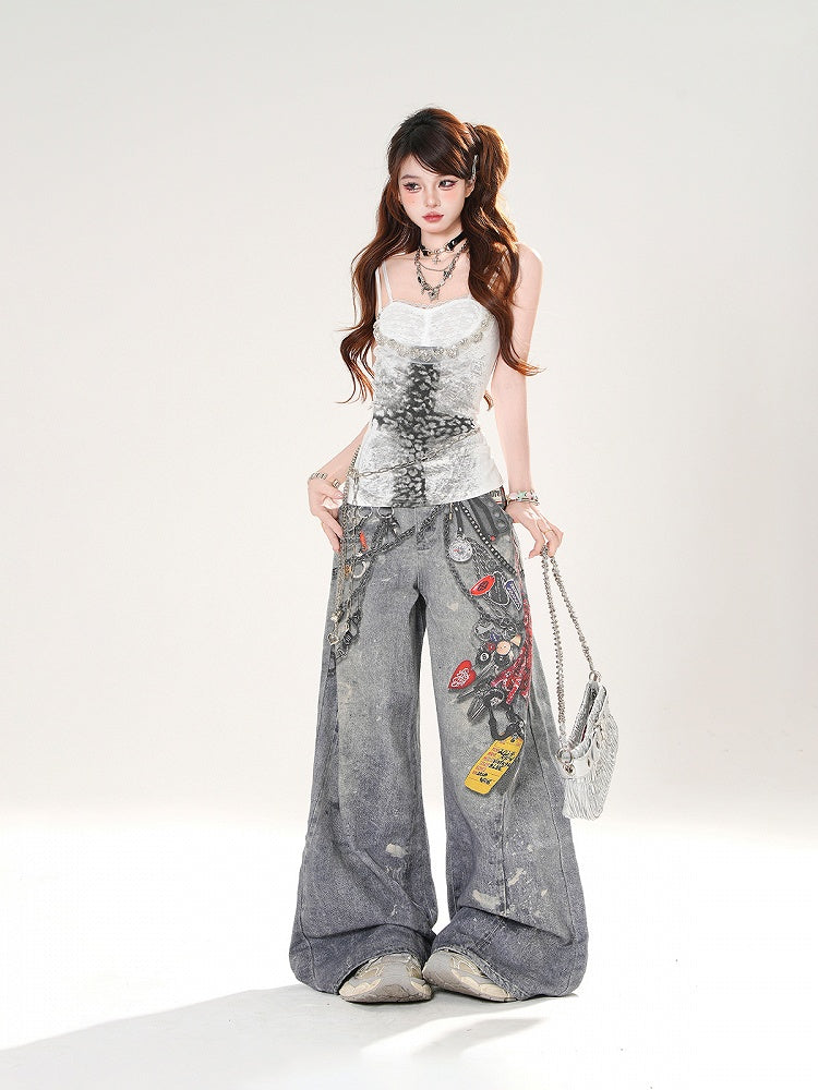 Cami Top Faux Gray/White Sweetheart Neckline Cross Print