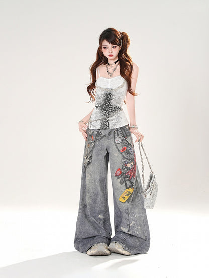 Cami Top Faux Gray/White Sweetheart Neckline Cross Print