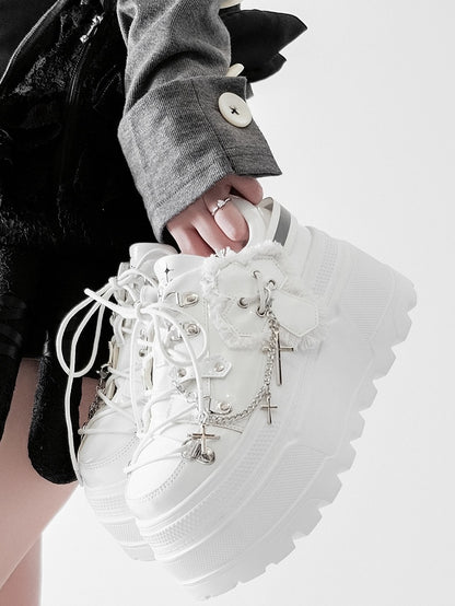 Ties Platform Detachable Punk Chain Shoes Design White Cross Lace-up Charm Front With