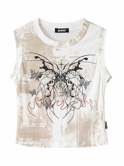 Top Fit Tank Y2K Butterfly Print Slim White