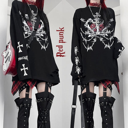 Top Emo Cross And Long Letter Black Sleeves Print Punk