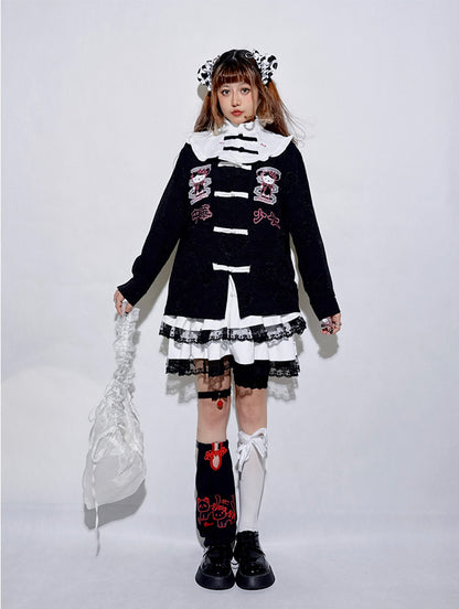 Black/Blue Long Sleeves Kitty Banded Collar Jirai Kei Top