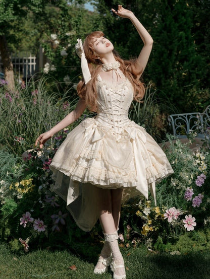 + Top Set Creamy Elegant Balletcore Skirt Lolita High-low Overlay Corset - Boned