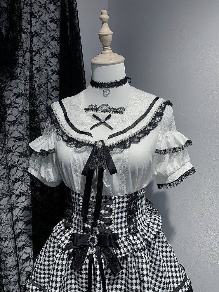 Sleeves Blouse Shoulder Short Beaded Jirai Kei Cutout with Sailor Collar Black/White